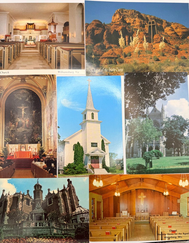 May include: A collection of seven vintage postcards featuring various religious buildings, including interior views of churches with wooden pews, the Chapel of the Holy Cross in Sedona, a white wooden church, and stone cathedrals with green lawns.