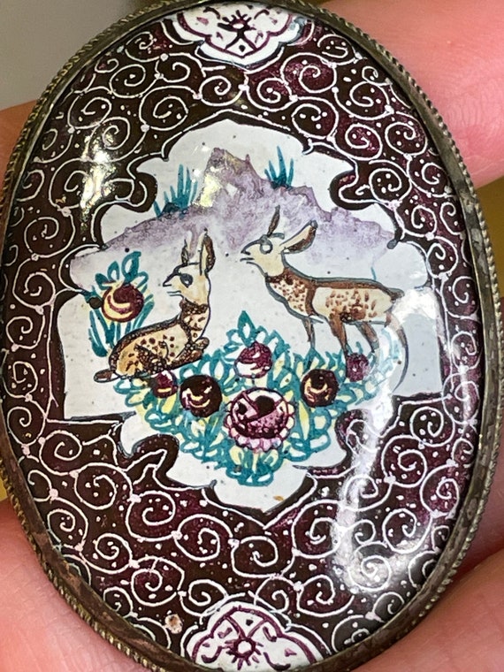 Vintage Hand Painted Persian Brooch with Deer - image 9