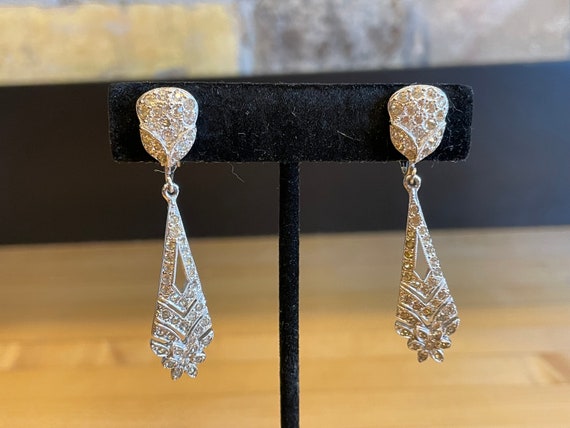 Silver Tone Sparkle Dangle Clip Earrings with Rhi… - image 2
