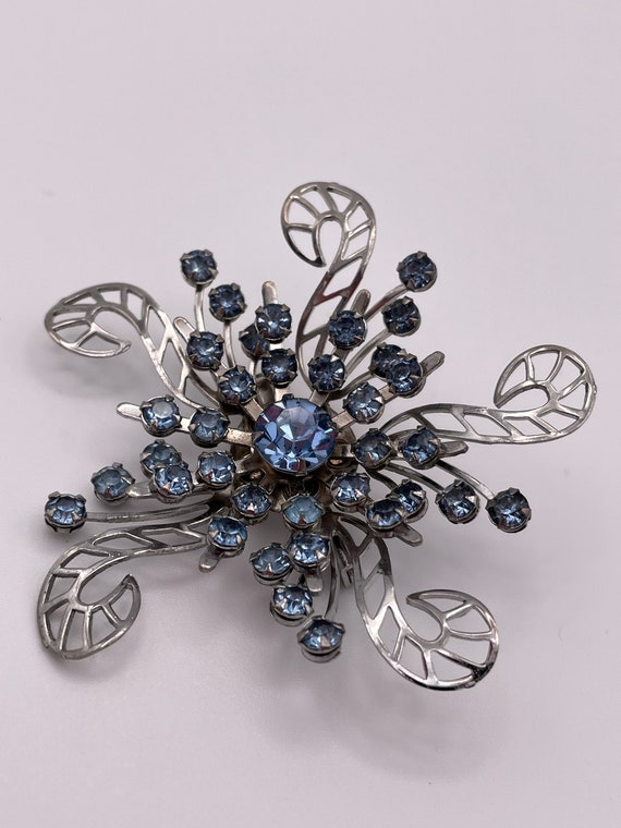 Vintage Silver Tone Brooch with Light Blue Rhines… - image 2