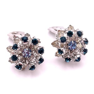 Beautiful Vintage Blue and Clear Rhinestone Clip Earrings - Silver Tone Rhodium Plated and Sapphire Blue