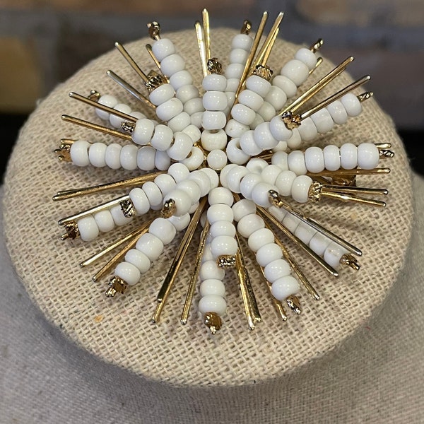 Vintage Atomic Starburst Brooch - White Beads and Gold Tone - Mid Century