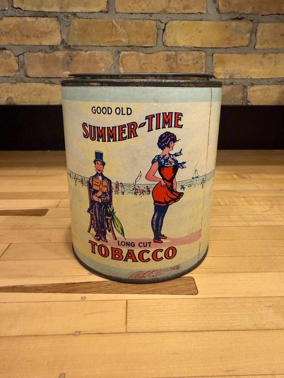 Vintage 1940s Good Old Summer-Time Long Cut Tobacco Round Tin / Canister