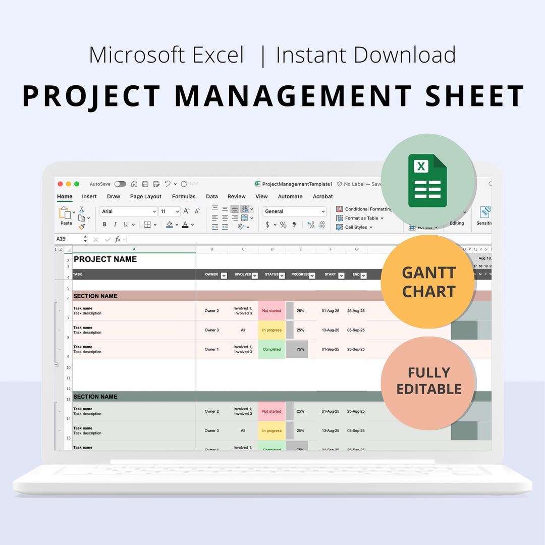 Excel Gantt Chart Project Management Template to Organize Tasks Track ...