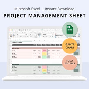 May include: A laptop screen displaying a Microsoft Excel project management sheet. The spreadsheet includes sections for project name, task description, owner, and progress. The image also features the text "GANTT CHART" and "FULLY EDITABLE".