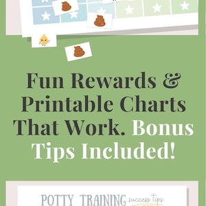 Full preview of potty training chart printable set, showing multiple pages, tips sheet, characters, and printable options.
