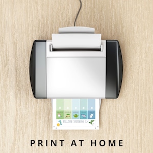 Printable dinosaur morning and bedtime routine chart shown printing at home, instant digital download for parents.