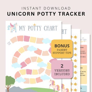 Pode incluir: Um rastreador de penico de unicórnio imprimível com um esquema de cores pastel. O design inclui um tabuleiro de jogo, nuvens e unicórnios. O texto diz "Download instantâneo Unicorn Potty Tracker", "My Potty Chart" e "Bonus Parent Support Tips".