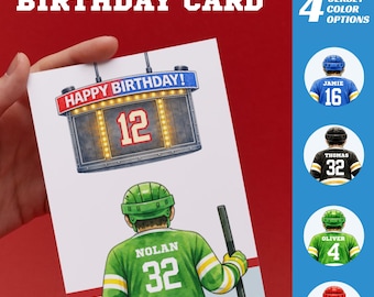 Tarjeta de cumpleaños de hockey personalizada imprimible para niños y niñas, camiseta de hockey personalizada, nombre y número, editable, Canva, descarga instantánea, regalo de cumpleaños