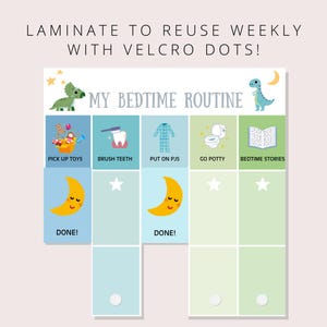 Dinosaur bedtime routine chart for toddlers laminated with velcro dots for easy weekly reuse, eco-friendly printable system.
