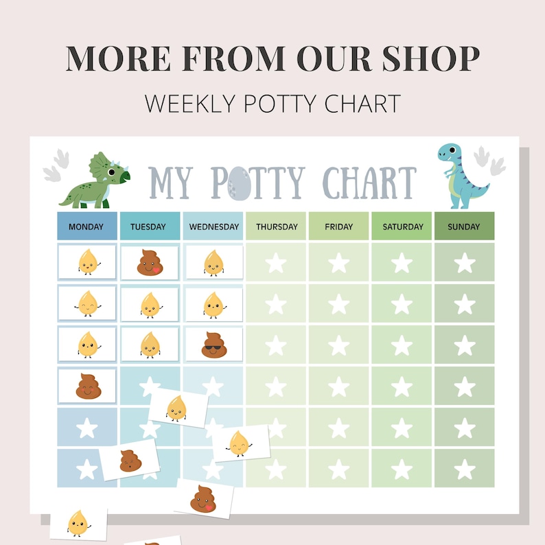 Matching dinosaur potty training chart printable shown as related product to the daily routine chart set.