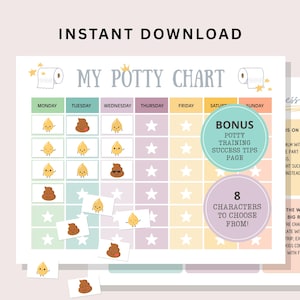 May include: A potty training chart with the text "MY POTTY CHART" and "INSTANT DOWNLOAD". The chart features a grid with days of the week, star icons, and cartoon illustrations of urine drops and poop emojis.