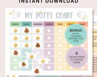 Tabla de entrenamiento para ir al baño imprimible para niños, sistema de pegatinas de recompensa, divertido y colorido rastreador de rutina de entrenamiento para ir al baño para niños pequeños, tabla de entrenamiento para ir al baño para preescolar
