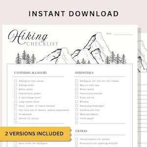 Könnte beinhalten: Eine druckbare Wander-Checkliste mit einer Bergillustration. Die Checkliste enthält Abschnitte für Kleidung, Essentials und Extras. Die Wörter "Sofort-Download" und "2 Versionen enthalten" sind ebenfalls sichtbar.