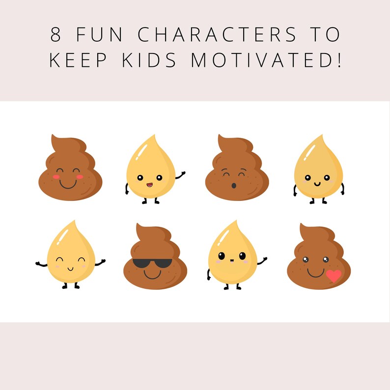 Eight fun potty training characters for kids to choose from, including poop and pee icons, to keep toddlers motivated.