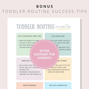 Toddler routine success tips page included with dinosaur morning and evening charts, offering extra parent support and practical advice.
