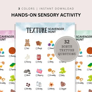 May include: A hands-on sensory activity printable with the text "Texture Scavenger Hunt." The image features illustrations of various textures like soft, rough, and bumpy, along with 32 bonus texture questions. The design includes a teddy bear, rocks, and a basketball.