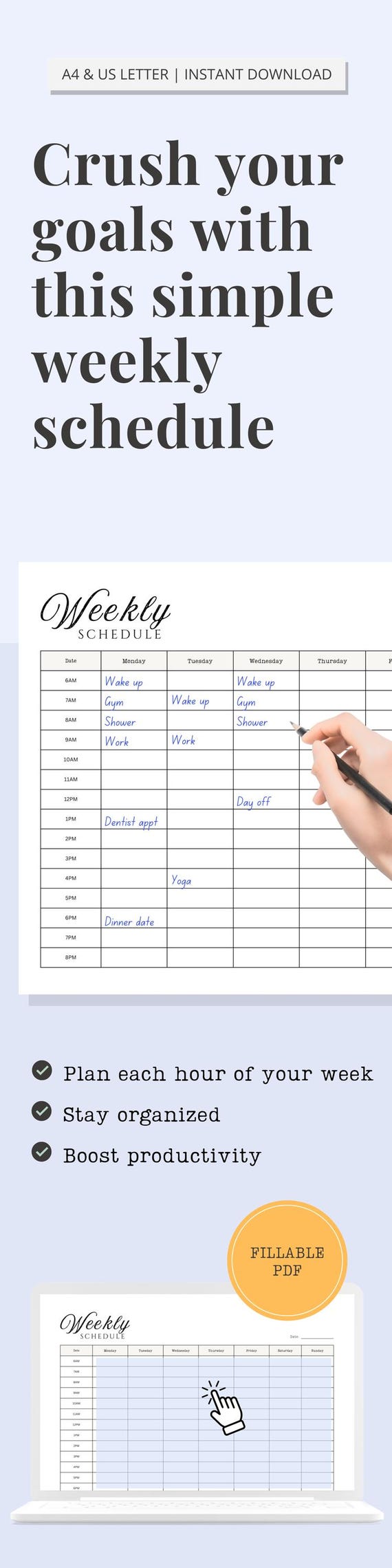 週間時間別スケジュール、印刷可能、編集可能な毎日のタスク計画テンプレート、デジタルダウンロード、生産性チェックリスト、月曜日、日曜日のオーガナイザー、A4レター  - Etsy 日本, image size:570x2280