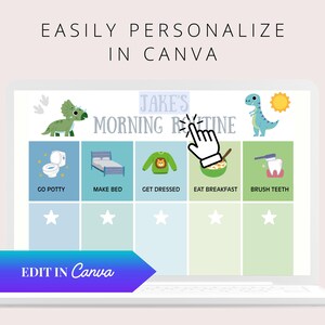 Easily personalize dinosaur morning routine chart in Canva, editable template lets parents customize names and tasks for kids.