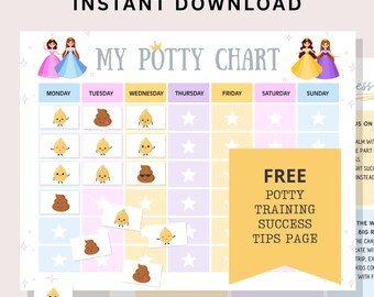 Potty training chart printable for kids reward sticker system fun princess girl toddler potty training routine tracker preschool potty chart