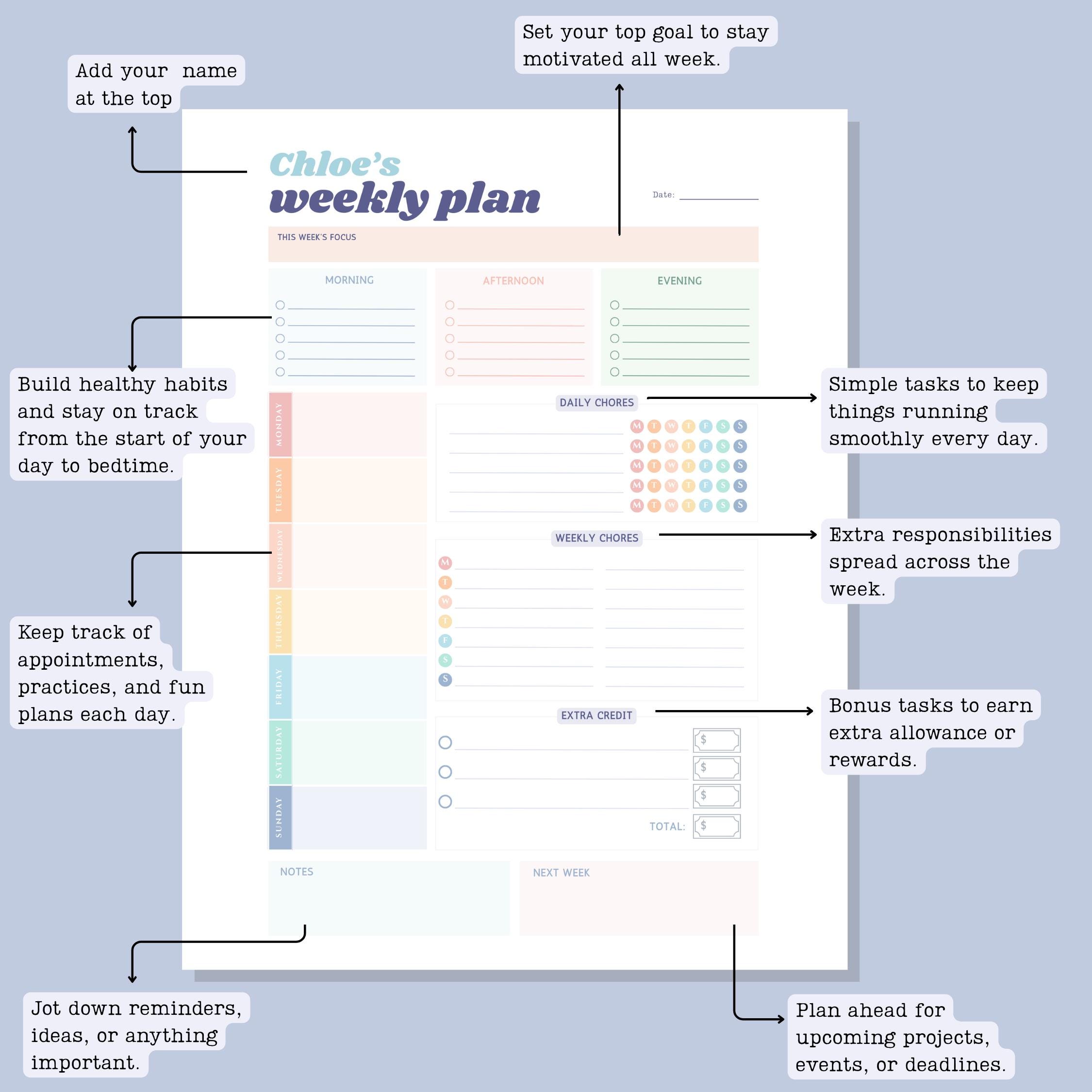 Teen Weekly Planner Printable Routine Tracker Daily Chores Allowance ...