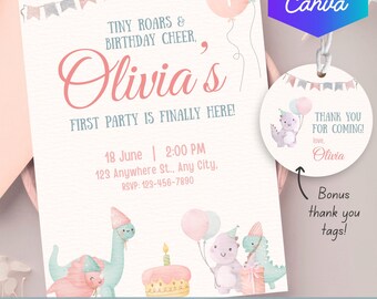 Invitación para fiesta de primer cumpleaños de dinosaurio, tarjeta imprimible editable para cumpleaños de niña, invitaciones para fiesta con temática pastel, descarga en PDF con temática de dinosaurio