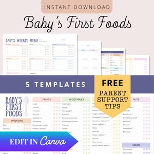 May include: A digital download titled "Baby's First Foods" with a weekly menu template and a food chart. The chart lists fruits, vegetables, proteins, nuts, and seeds. The design includes the text "Edit in Canva" and "Free Parent Support Tips."