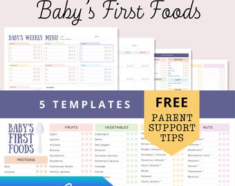 Tabla de primeros alimentos para bebés, paquete imprimible y editable, lista de verificación para el seguimiento del destete, 100 alimentos, planificador de comidas para bebés, calendario de registro de alimentos, introducción de sólidos.