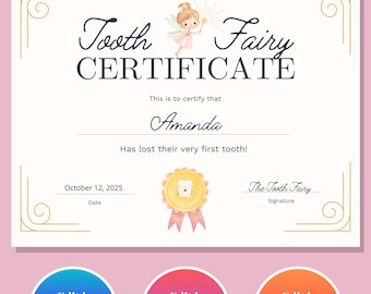 Certificado de Hada de los Dientes imprimible y editable en PDF para niños. Recuerdo del primer diente perdido. Idea de última hora para el Hada de los Dientes. Fácil de imprimir y editar en casa.
