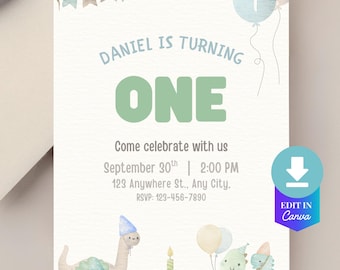 Invitación para fiesta de primer cumpleaños de dinosaurio, tarjeta imprimible editable para cumpleaños de bebé niño, invitaciones para fiesta con temática pastel, linda temática de dinosaurio, descarga en PDF