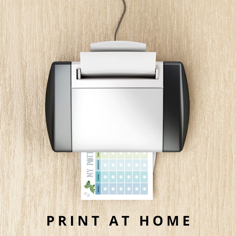 Printable toddler potty training reward chart shown printing at home, easy instant download for parents.