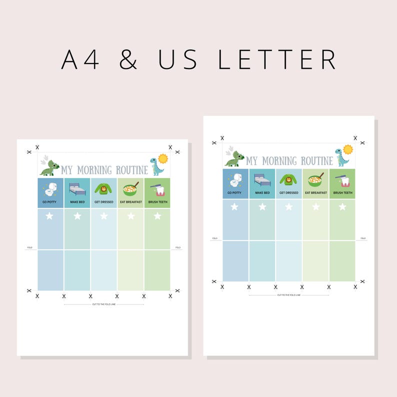 Dinosaur daily routine chart printable available in A4 and US Letter paper sizes, perfect for home printing.