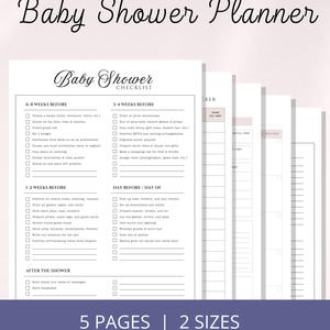 May include: A baby shower planner in a checklist format, designed for printing. The document has a soft colour scheme and lists tasks to complete before, during, and after the event. The words "Baby Shower Planner" are at the top.