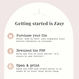 May include: A graphic with the text "Getting started is Easy." Instructions include purchasing a file, downloading a PDF, and opening and printing the file. The background is a light pink color.