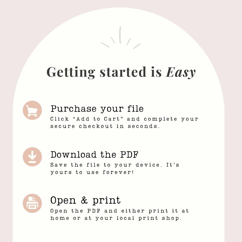 May include: A graphic with the text "Getting started is Easy." Instructions include purchasing a file, downloading a PDF, and opening and printing the file. The background is a light pink color.
