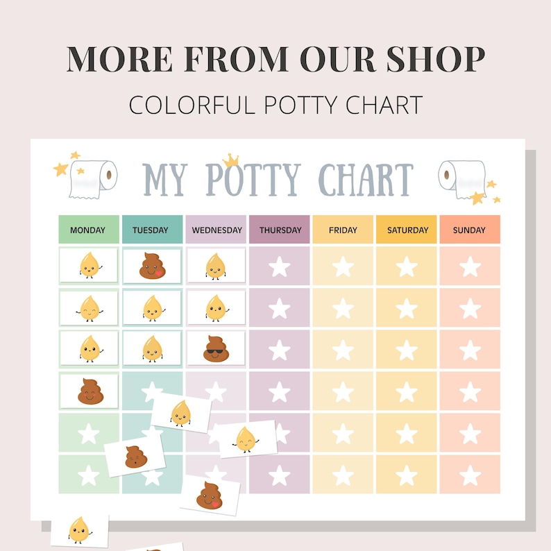 Pode incluir: Um gr&aacute;fico de penico colorido com o texto "My Potty Chart". O gr&aacute;fico tem espa&ccedil;os para cada dia da semana, com ilustra&ccedil;&otilde;es de personagens de coc&oacute; e xixi sorridentes. Inclui o texto "More From Our Shop".