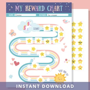 以下が含まれることがあります： 虹色の道、星、ユニコーンが描かれた、印刷可能なご褒美チャートです。「MY REWARD CHART」、「NAME: Emma」、「REWARD: Ice cream」の文字が含まれています。追加のステッカーも含まれています。「INSTANT DOWNLOAD」の文字が一番下にあります。