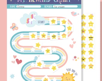 Cuadro de recompensas imprimible para niños, divertido sistema de incentivos de rutina de seguimiento de comportamiento de niña unicornio, cuadro de pegatinas preescolares para niños pequeños y niños