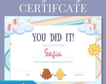 Certificado de entrenamiento para ir al baño imprimible para niños, sistema de tabla de recompensas, divertido unicornio para niña, rastreador de hitos para niños pequeños, recompensa de entrenamiento para ir al baño en preescolar