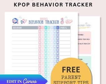 Tabla de comportamiento de KPop imprimible para niños, rastreador de recompensas, tabla de comportamiento divertido para niños pequeños, crianza positiva, rutina en el hogar, sistema de recompensa preescolar