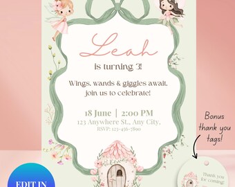 Invitación a fiesta de cumpleaños de hadas, tarjeta imprimible editable para niñas, tema de hadas pastel floral, plantilla Canva editable, descarga digital en PDF