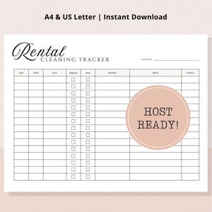 May include: A printable cleaning tracker with the text "Rental Cleaning Tracker" at the top. The document includes sections for date, time, area, and notes. A circular graphic with the words "HOST READY!" is also present.