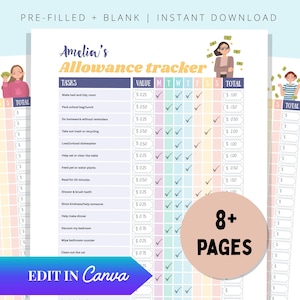以下が含まれることがあります： 「Amelia's Allowance tracker」というタイトルの、印刷可能な手当トラッカー。タスク、価値、毎週のチェックオフシステムが含まれています。デザインはイラストと「8+ PAGES」というテキストを円で表示し、「EDIT IN Canva」のオプションがあります。