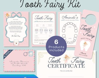 Kit del Hada de los Dientes, carta y sobre imprimibles editables, recibo de diente, certificado del primer diente perdido, colgador de puerta, rastreador de dientes para niños, paquete