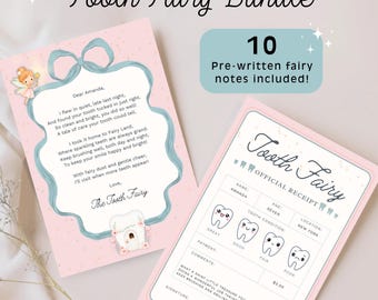 Kit imprimible de cartas y recibos para el Hada de los Dientes con plantilla de sobre y 10 notas preescritas editables de último minuto. Idea para el Hada de los Dientes para niños.