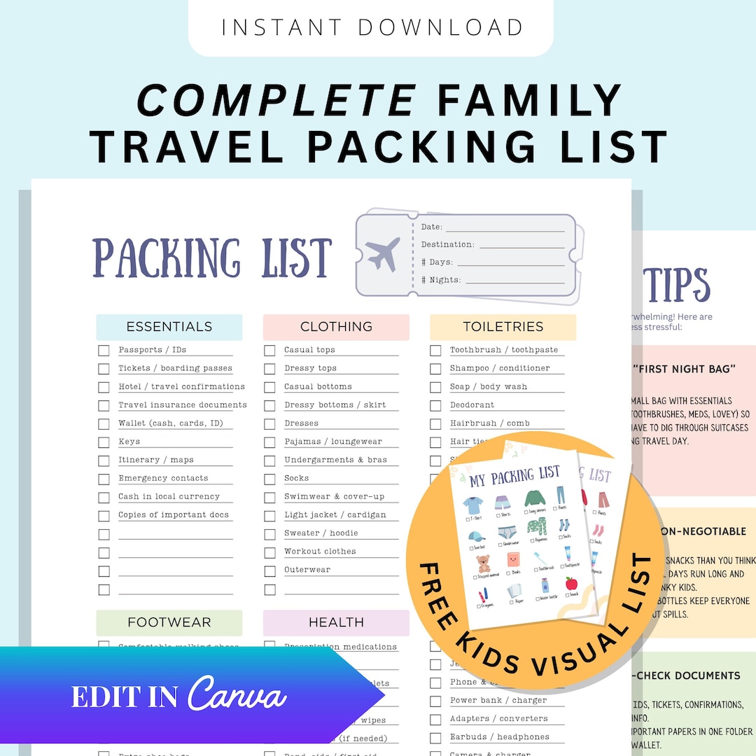 Family Travel Packing List Editable Printable Vacation Packing Guide