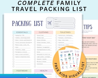 Lista de equipaje para viajes familiares, guía de equipaje para vacaciones, imprimible y editable, lista de equipaje visual para niños, búsqueda del tesoro para niños pequeños, planificador de viaje en PDF