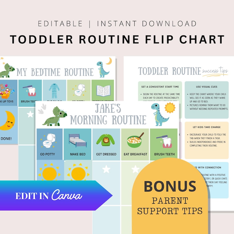 Daily routine chart printable for kids with dinosaur theme, includes morning and bedtime checklists, Canva editable version, and bonus parenting tips.