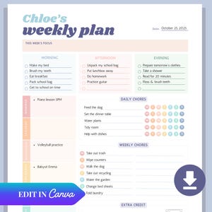 May include: A weekly planner titled "Chloe's weekly plan" with a light blue and purple color scheme. The planner includes sections for morning, afternoon, and evening activities, as well as daily and weekly chores. The date is October 25, 2025.