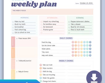 Planificador semanal para adolescentes, rastreador de rutina imprimible, tareas diarias, asignación, cuadro editable, organizador de horarios para niños para estudiantes de secundaria y preparatoria.